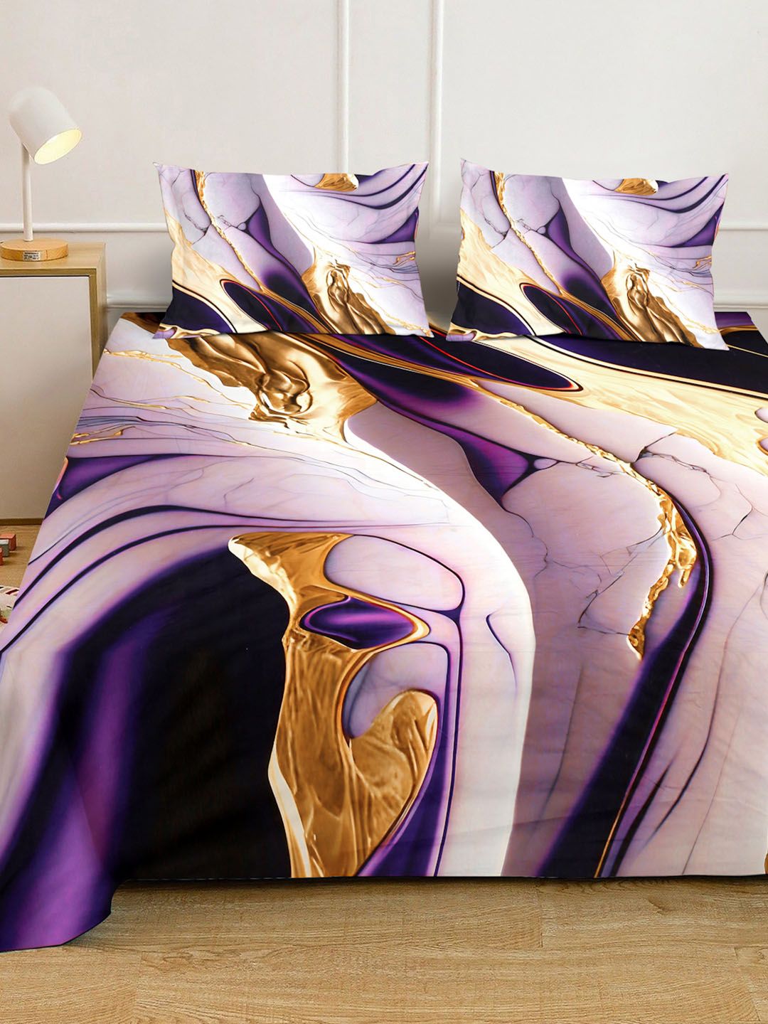 KLOTTHE Purple Abstract Printed Flat 300 TC King Bedsheet With 2 Pillow Cover