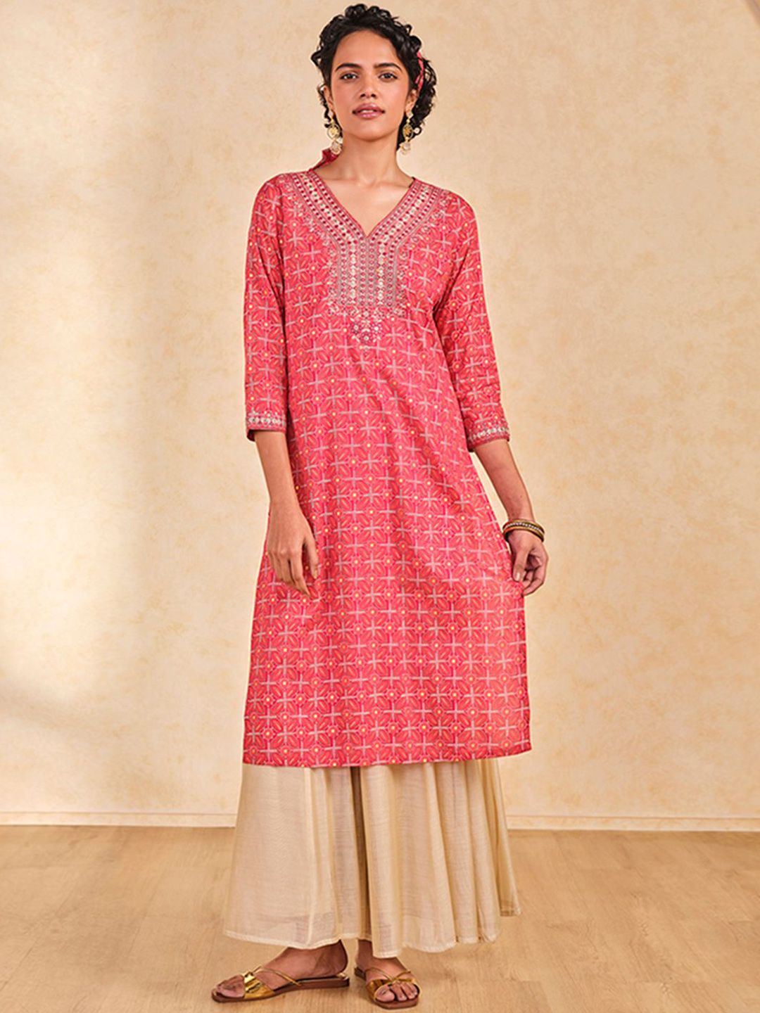 Global Desi Floral Printed Mirror Work Straight Kurta