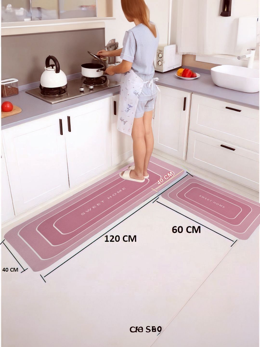 Cortina Pink 2 Pieces Printed Rectangular Anti-Skid Kitchen Mats