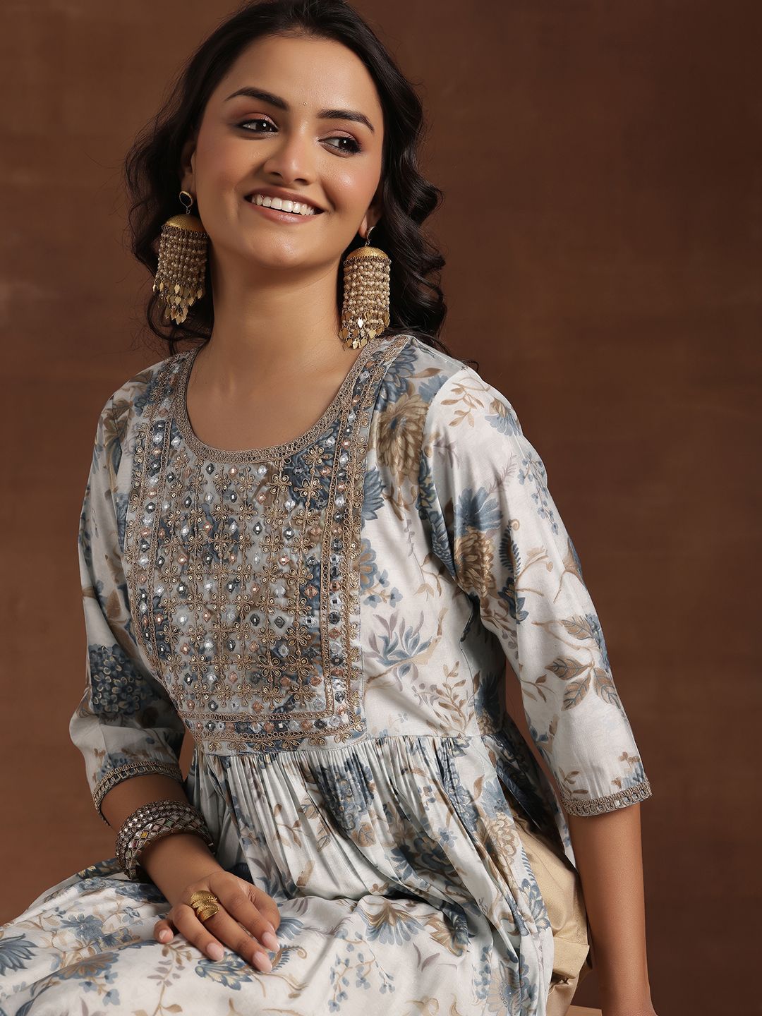 Libas Floral Printed Mirror Work High Slit Straight Kurta