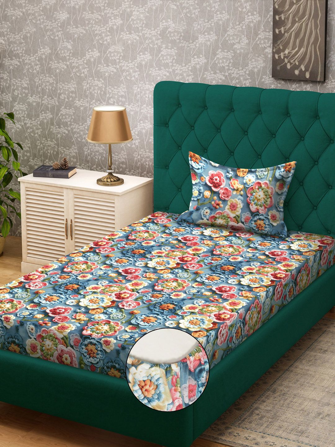 KLOTTHE Biru & Merah Bercetak Bunga Dilengkapi Cadar 7D Single 300TC Dengan Sarung Bantal