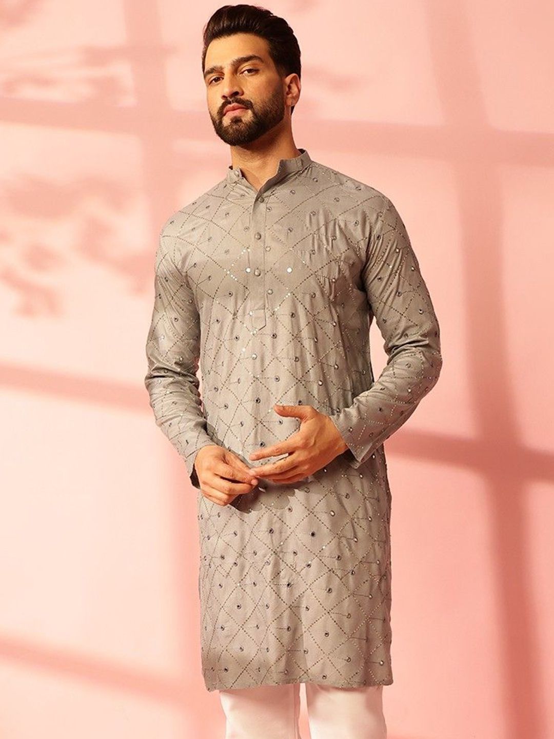 Anouk Geometrik Sulam Cermin Kerja Kapas Kurta Lurus