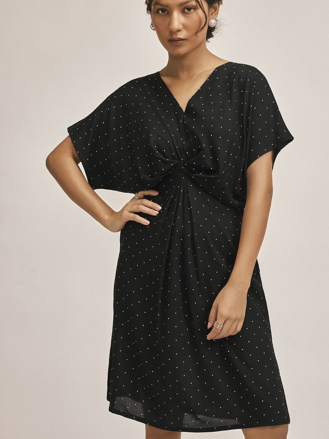 The Label Life Women Monochrome Polka Dot Gathered A-Line Dress