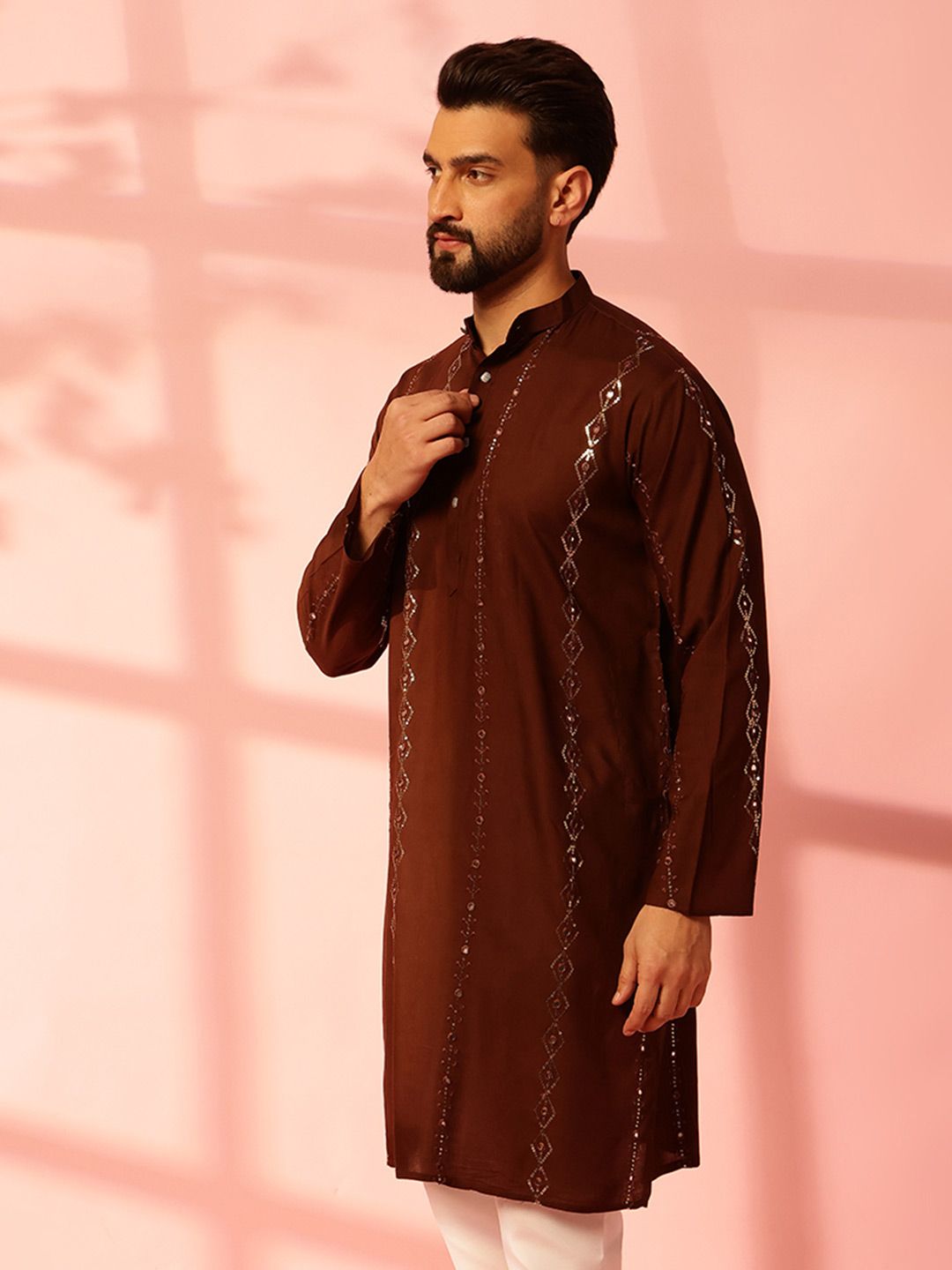Anouk Striped Embroidered Mandarin Collar Sequinned Cotton Kurta