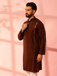 Anouk Striped Embroidered Mandarin Collar Sequinned Cotton Kurta