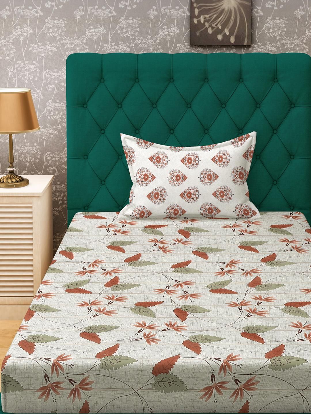 KLOTTHE Beige Floral Cotton Single Bedsheets