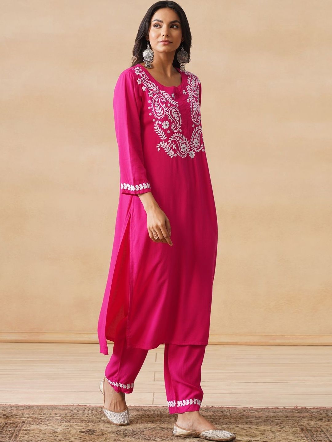 House of Chikankari Women Fuchsia 2 Helai Kurta Biasa dengan Set Seluar