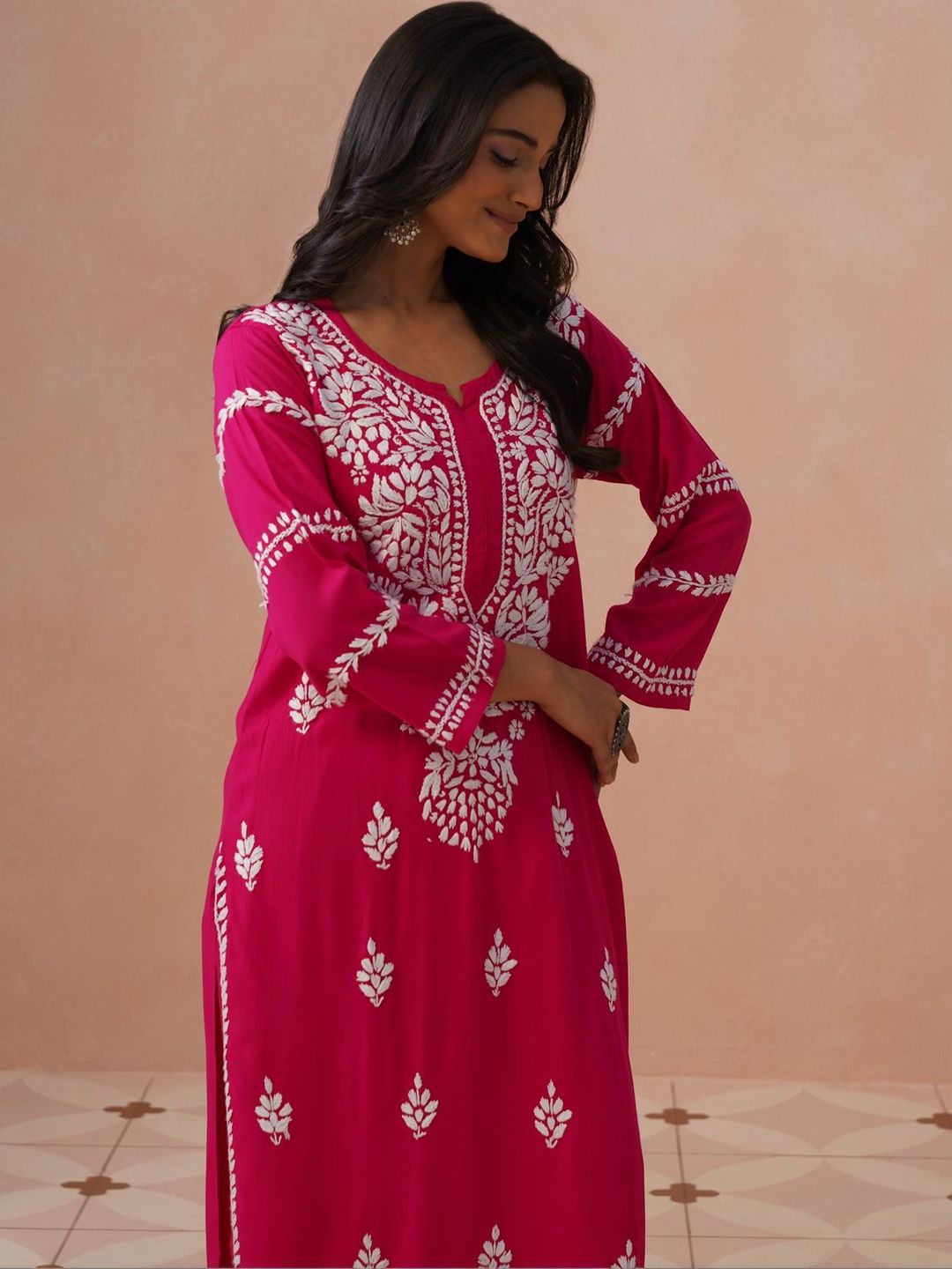 House of Chikankari Women Ethnic Motifs Embroidered Keyhole Neck Chikankari Kurta