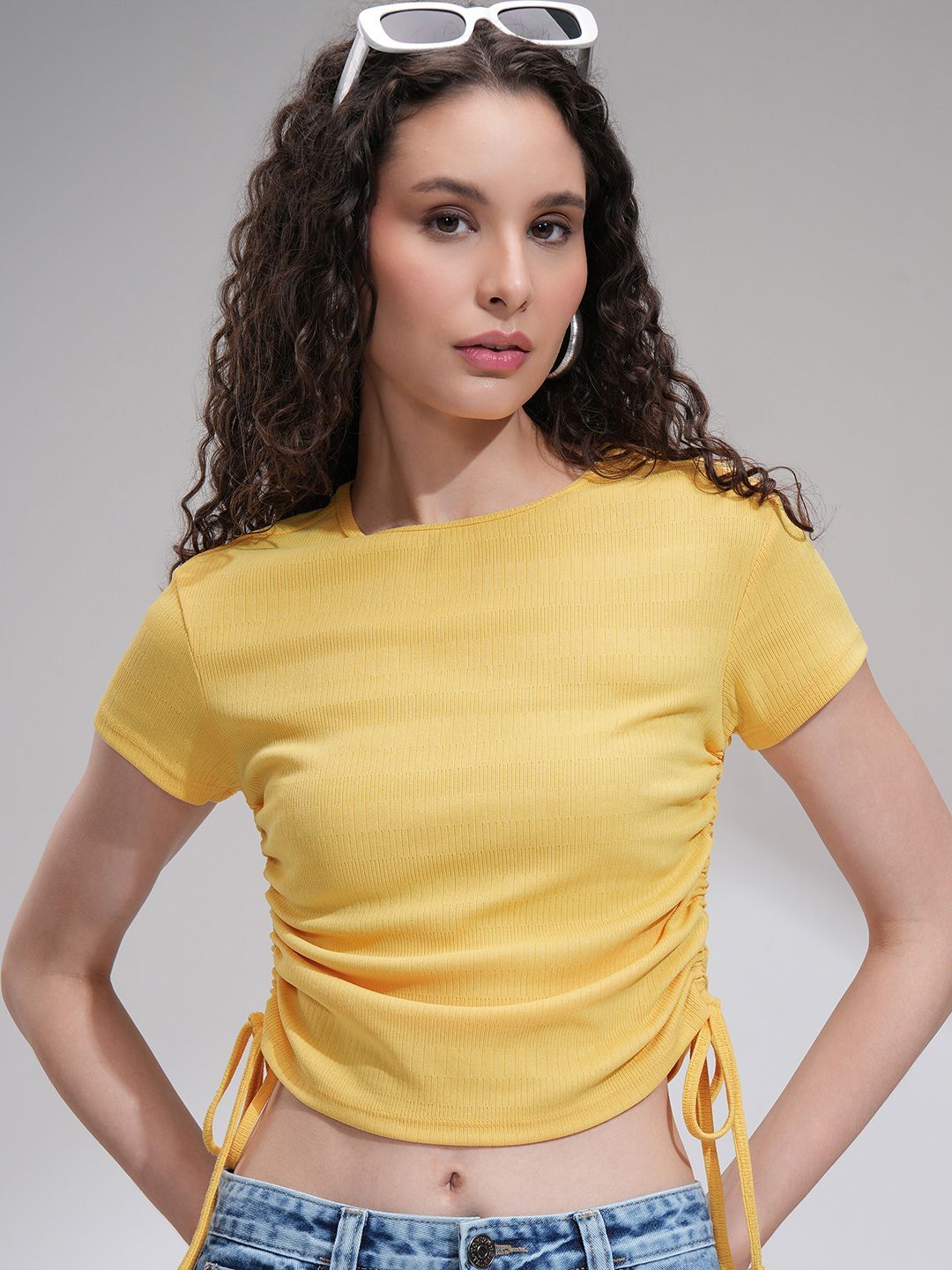 Tokyo Talkies Women Solid Round Neck Tie Up Rib Top