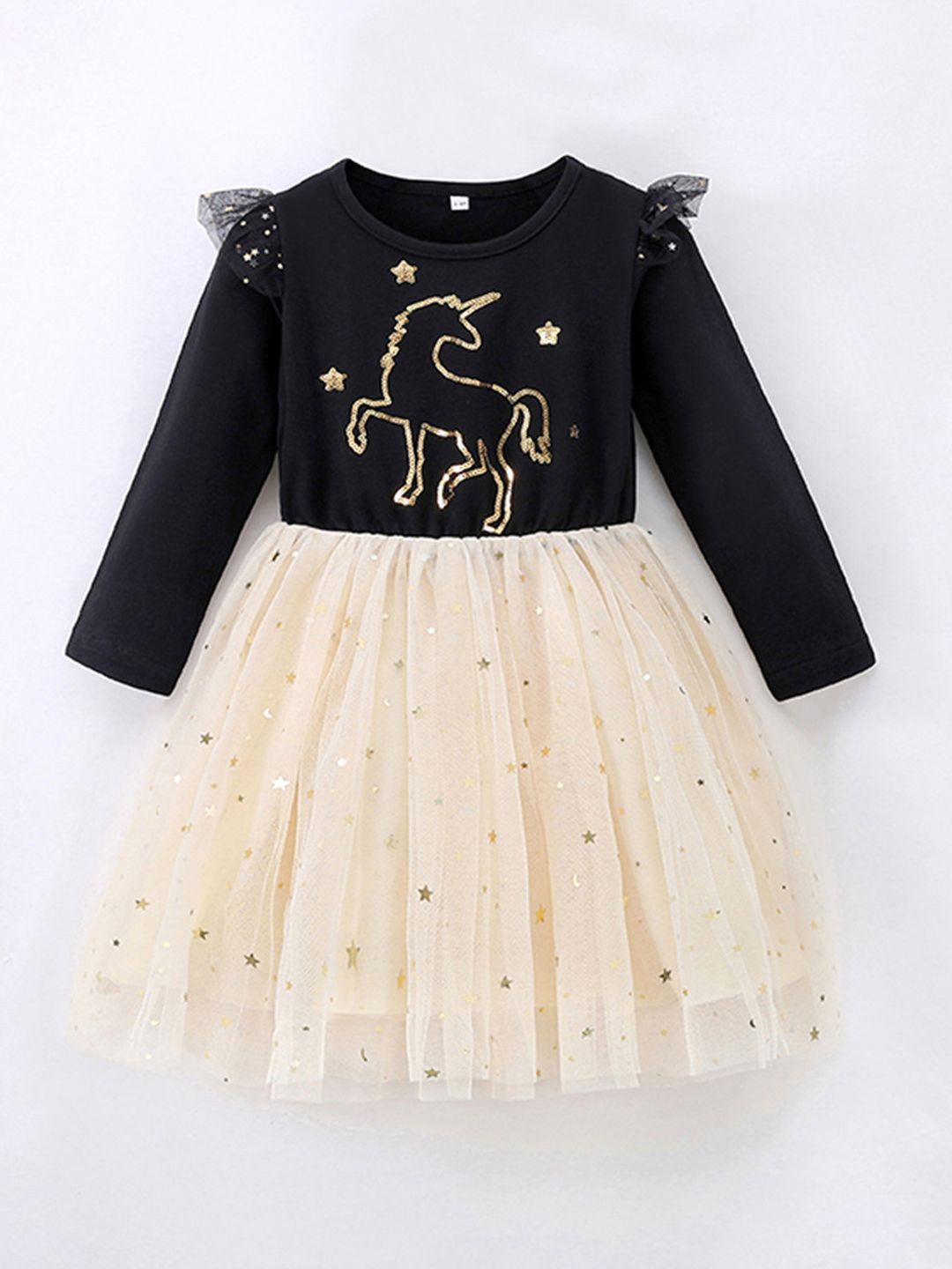 YK Girls Self Design Embellished Round Neck Fit & Flare Dress