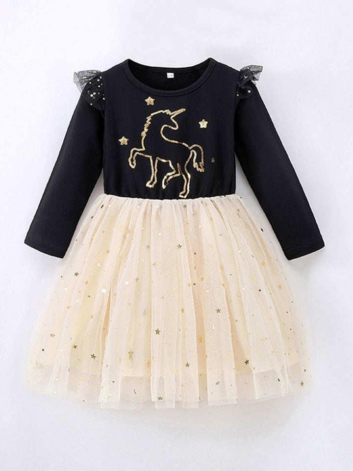 YK Girls Self Design Embellished Round Neck Fit & Flare Dress