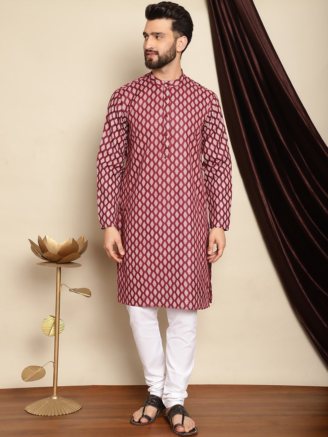 Anouk Maroon Bandhani Printed Mandarin Collar Straight Kurta With Churidar