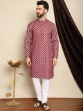 Anouk Maroon Bandhani Printed Mandarin Collar Straight Kurta With Churidar