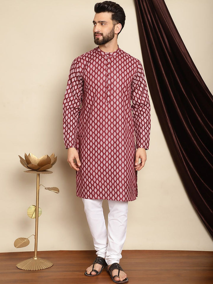 Anouk Maroon Bandhani Printed Mandarin Collar Straight Kurta With Churidar