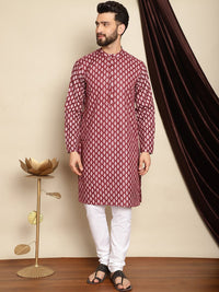 Anouk Maroon Bandhani Printed Mandarin Collar Straight Kurta With Churidar