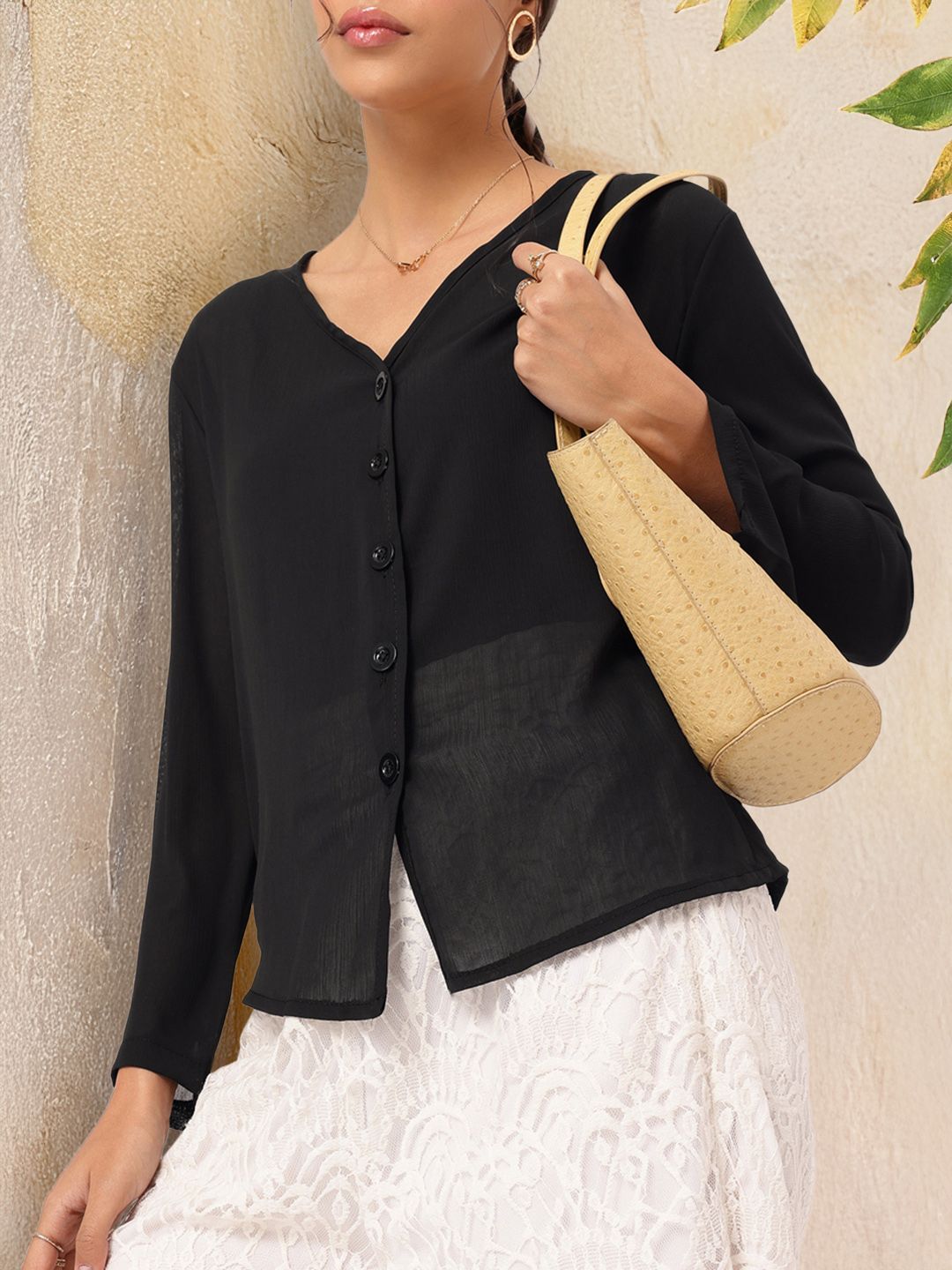 DressBerry Extravagant Ease V-Neck Semi-Sheer Top
