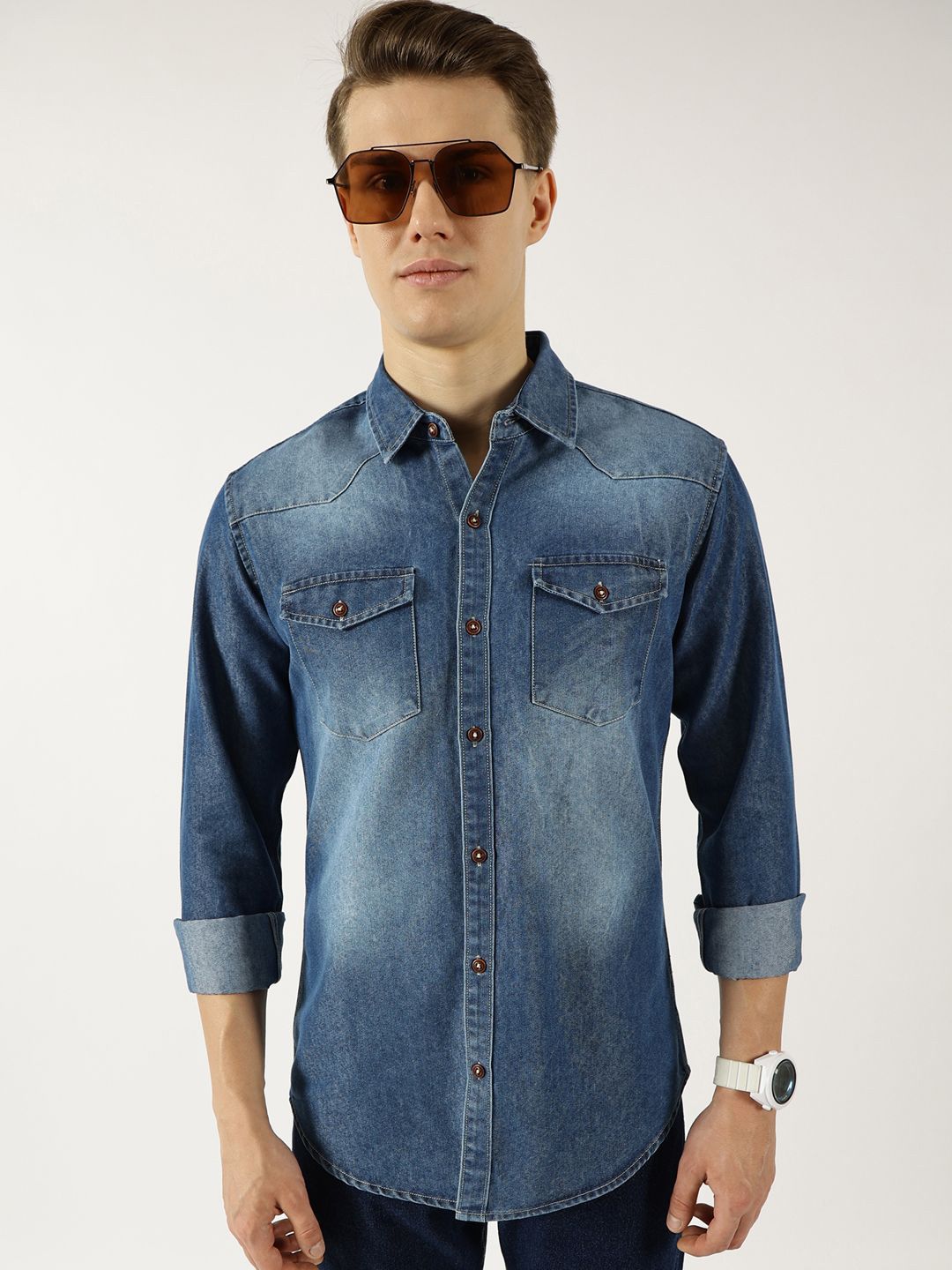 Thomas Scott Men Classic Spread Collar Faded Cotton Slim Fit Casual Shirt