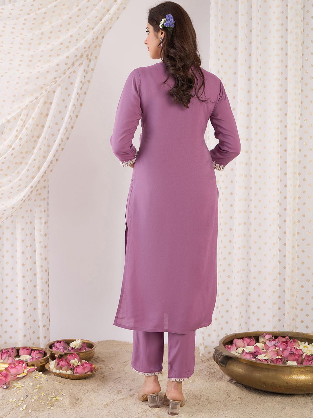 Indo Era Floral Embroidered Round Neck Straight Tunic With Trouser