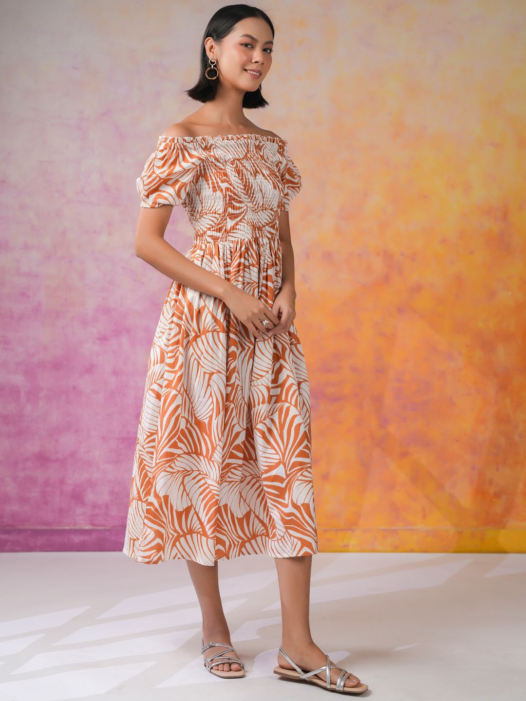 Sanskrutihomes Wanita Bercetak Kapas Bercetak Fit & Flare Dress