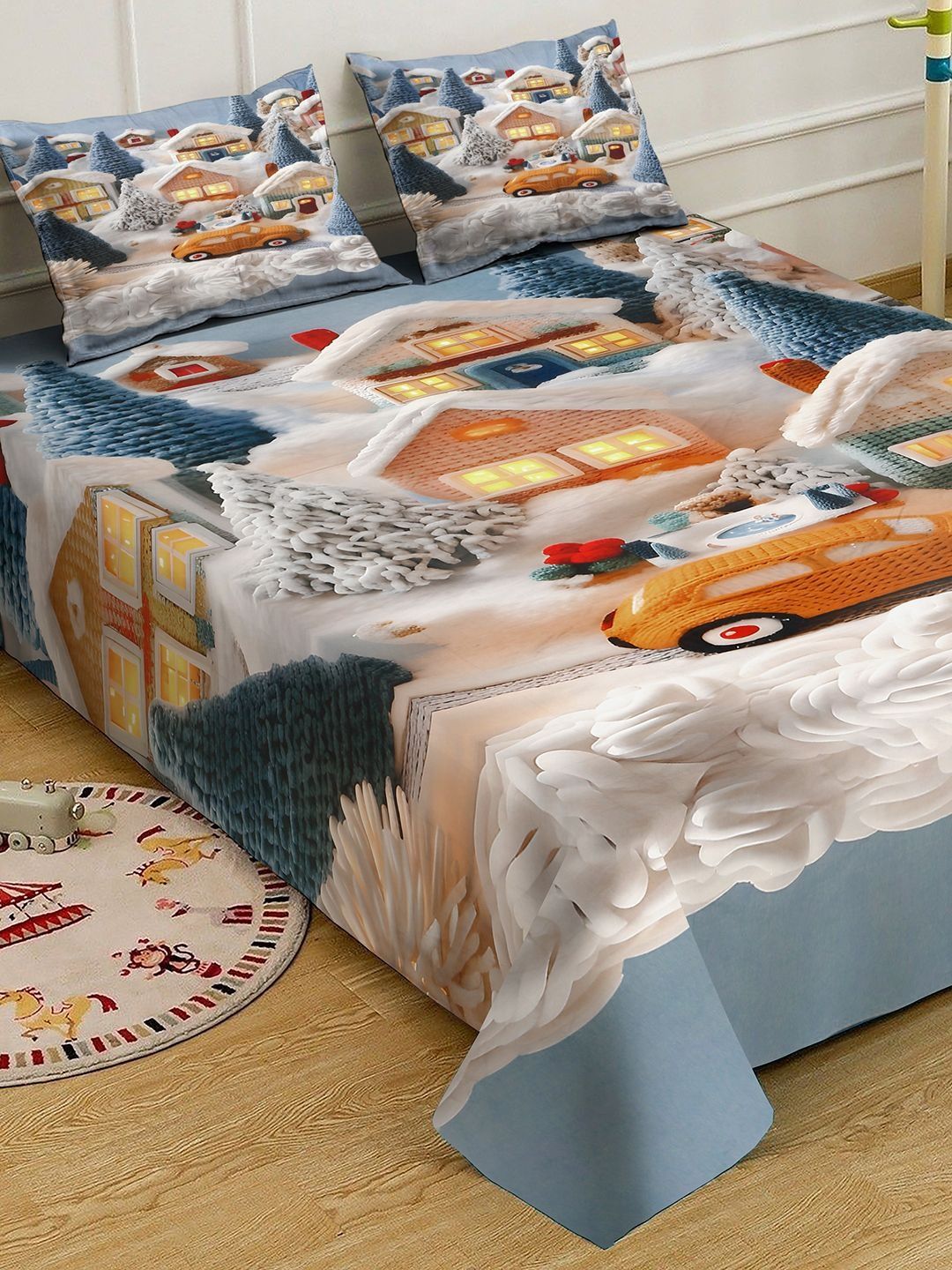 KLOTTHE Blue Cartoon Printed Flat 300 TC Super King Cadar Dengan 2 Sarung Bantal