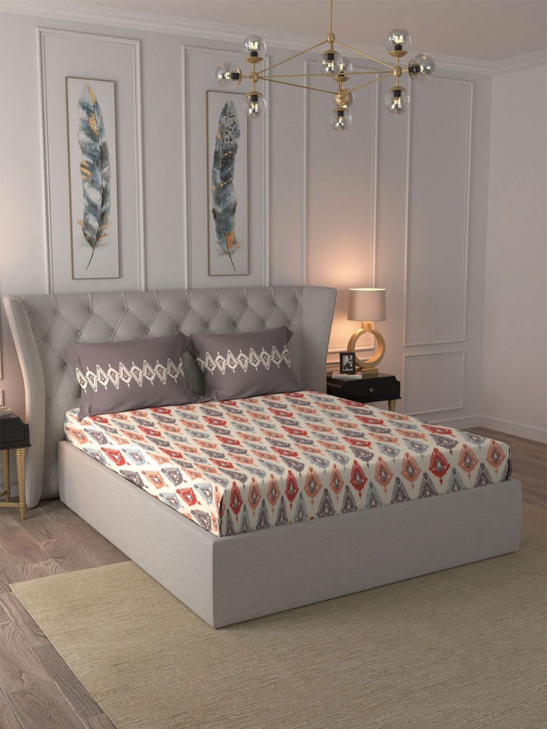 MYTRIDENT Dusk & Dawn Red Ethnic Cotton 144 TC Double Queen Bedsheet Set-2.28mX2.54m