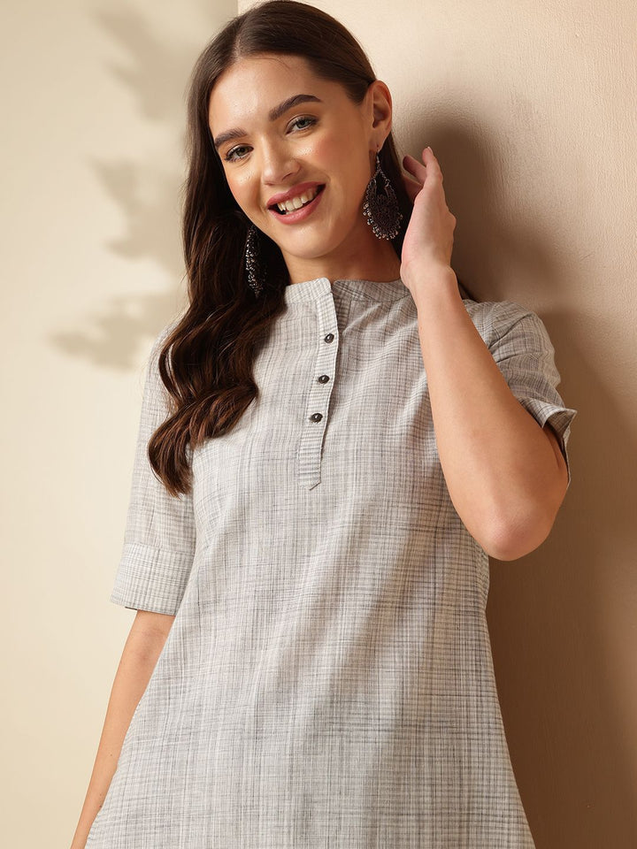 Anouk Grey Striped Woven Design Mandarin Collar Short Sleeves Pure Cotton Kurta