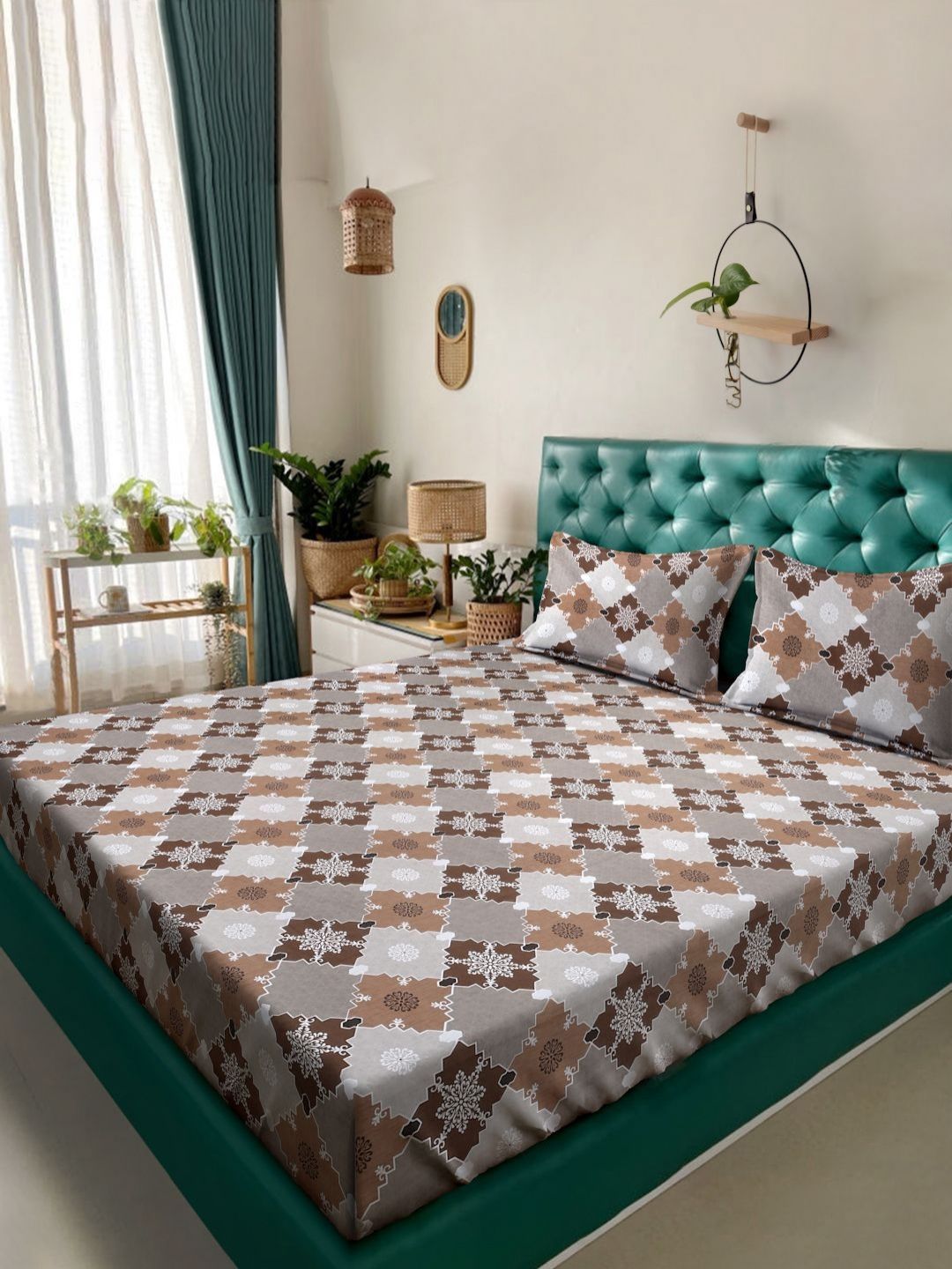 Myntra Elegant Homes Coklat & Kelabu Kapas Bunga 400 TC Set Cadar King 2.50 m x 2.25 m