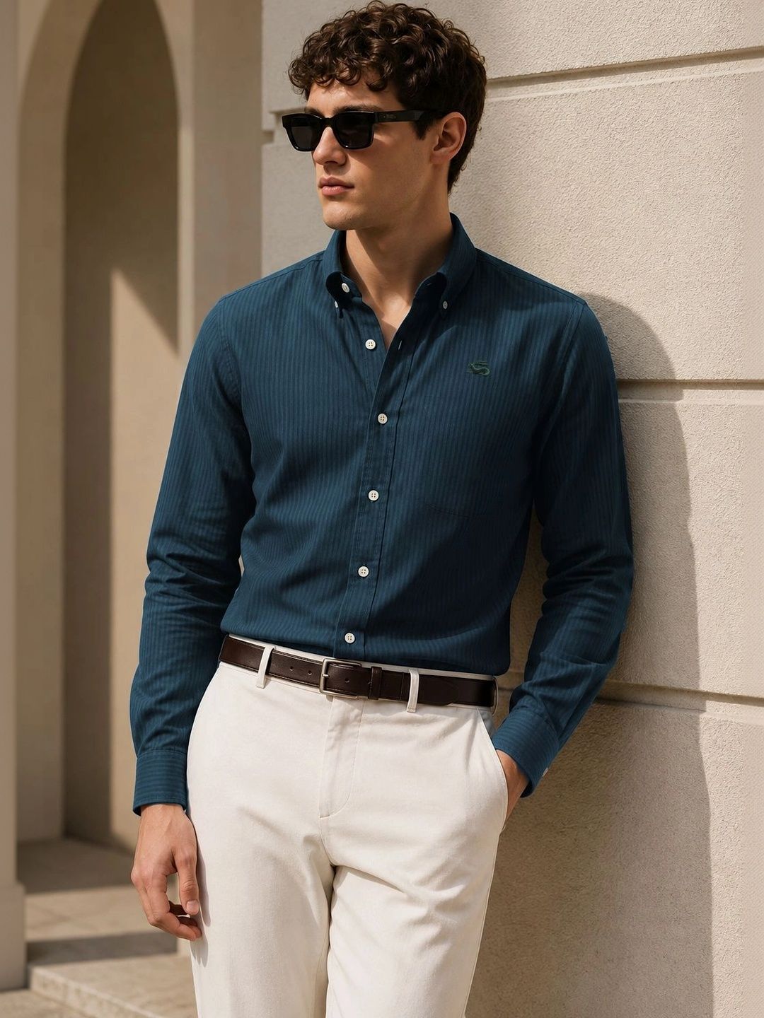 ADRO Men Teal Blue Striped Regular Fit Casual Cotton Shirt