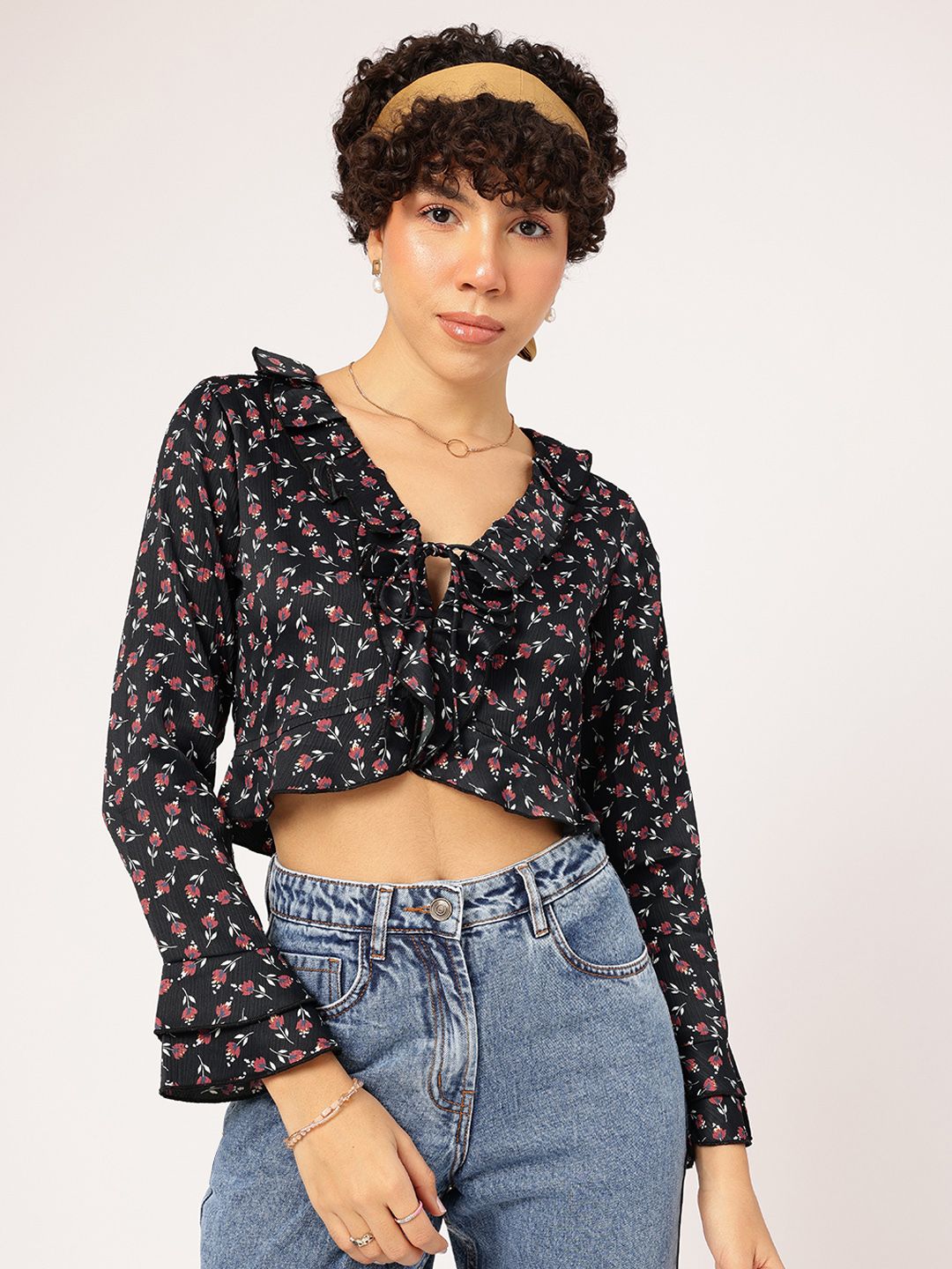 DressBerry Floral Talks Printed Ruffled Crop Top