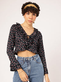 DressBerry Floral Talks Printed Ruffled Crop Top