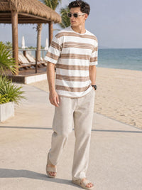 Eszett Brushed Brown Tshirt Striped Cotton Round Neck Drop-Shoulder Sleeves Oversized Fit T-shirt