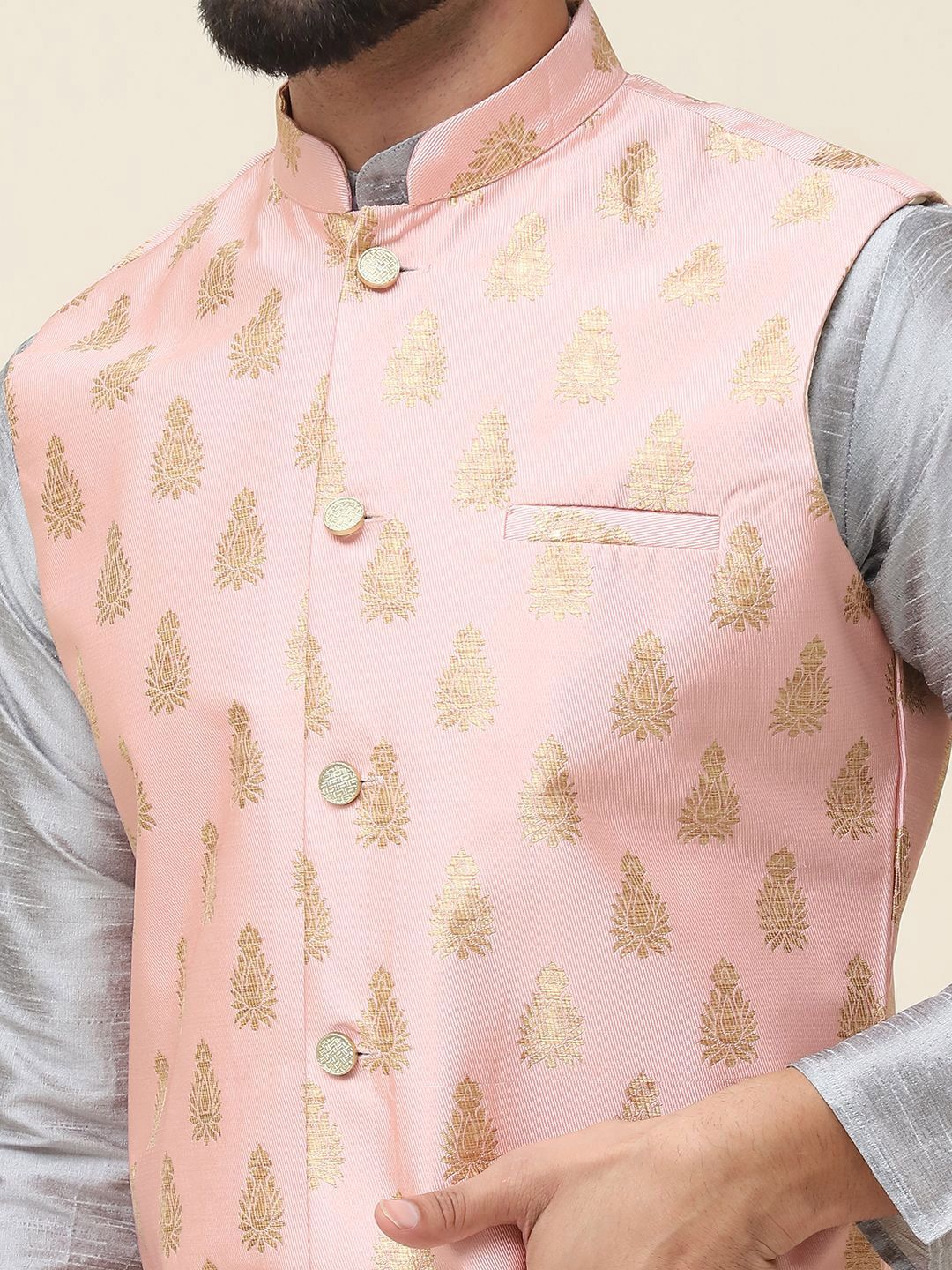 SOJANYA Mandarin Collar Silk Cotton Straight Kurta dengan jaket Churidar & Nehru