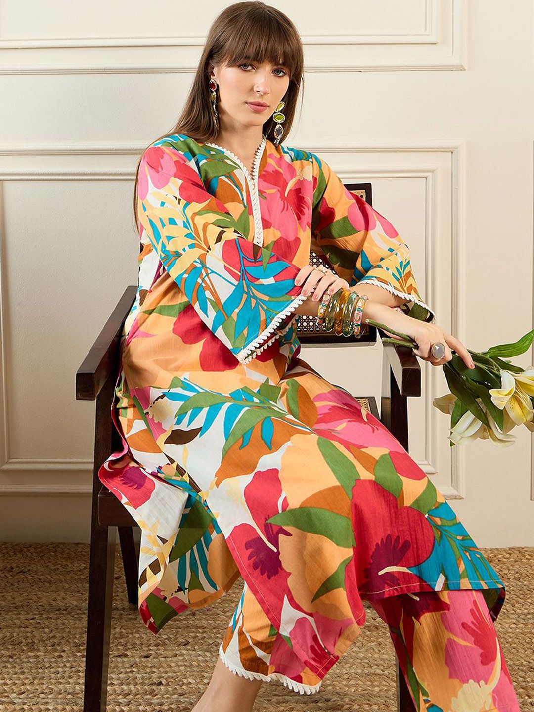 Indo Era Floral Printed V-Neck Pure Cotton Tunic With Trouser
