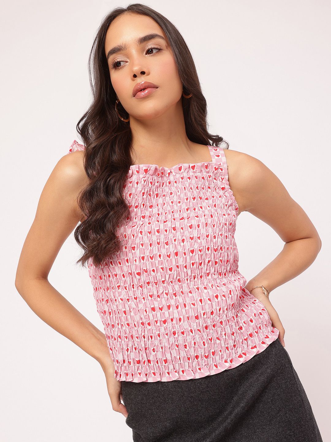 DressBerry Cutesy Print Smocked Tie-Up Back Top
