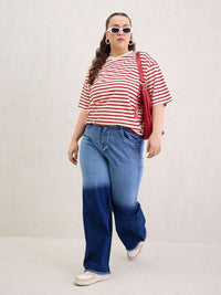 SASSAFRAS Curve Women Plus Size Striped Round Neck Oversized T-shirt