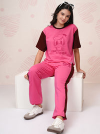 Tokyo Talkies Pink Disney Mickey Mouse Printed Round Neck Pure Cotton T Shirt & Trouser