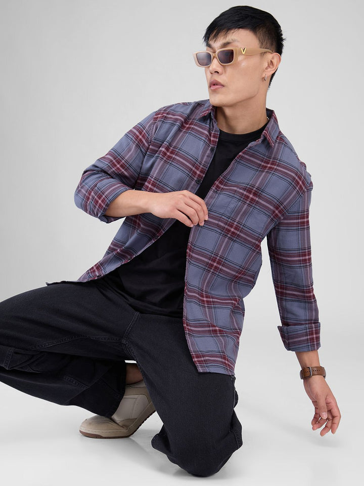 VASTRADO Men Classic Spread Collar Tartan Checked Cotton Slim Fit Casual Shirt