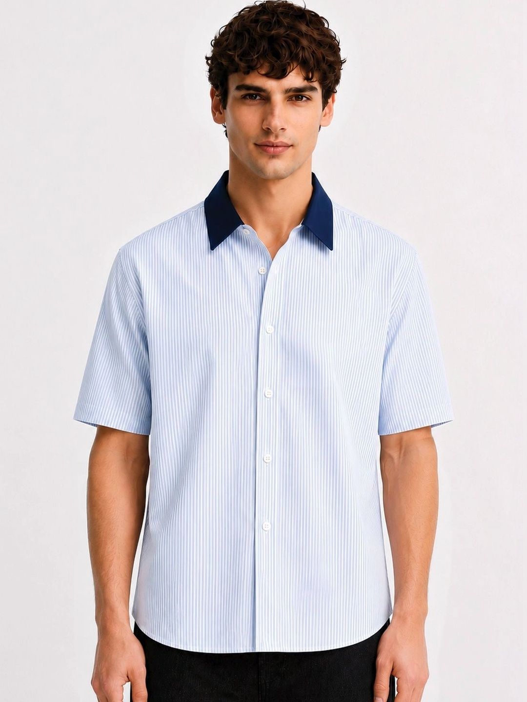 ADRO Spread Collar Short Sleeves Relaxed Striped Cotton Shirt