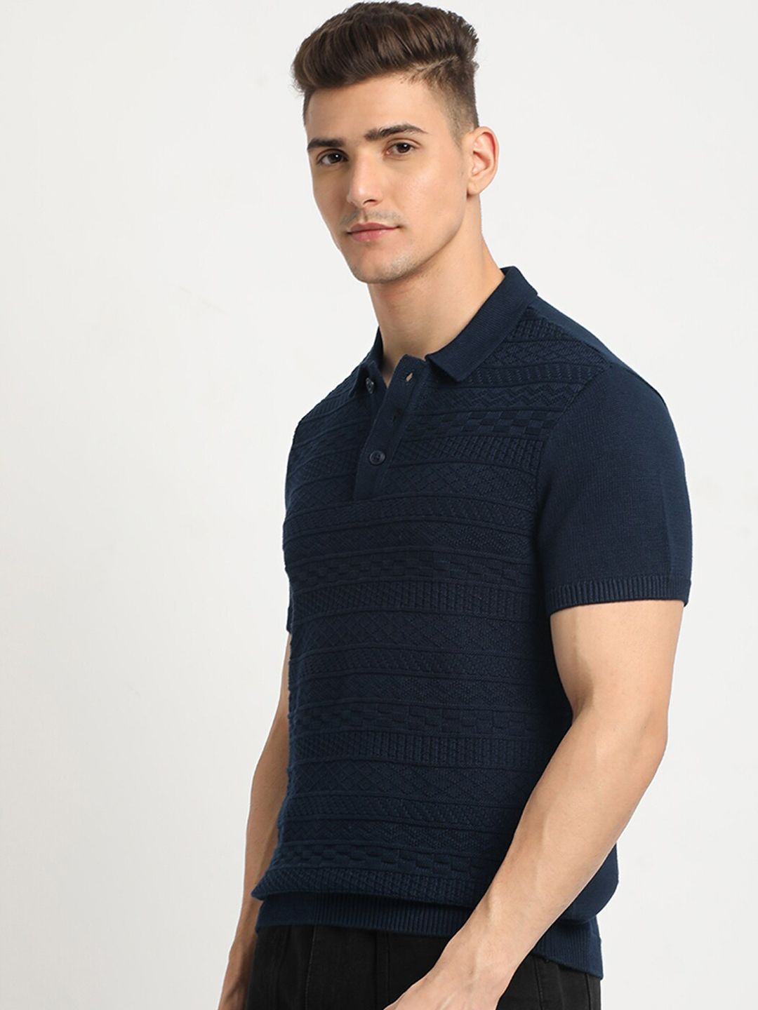 THE BEAR HOUSE Self Design Polo Collar Short Sleeves Cotton T-shirt