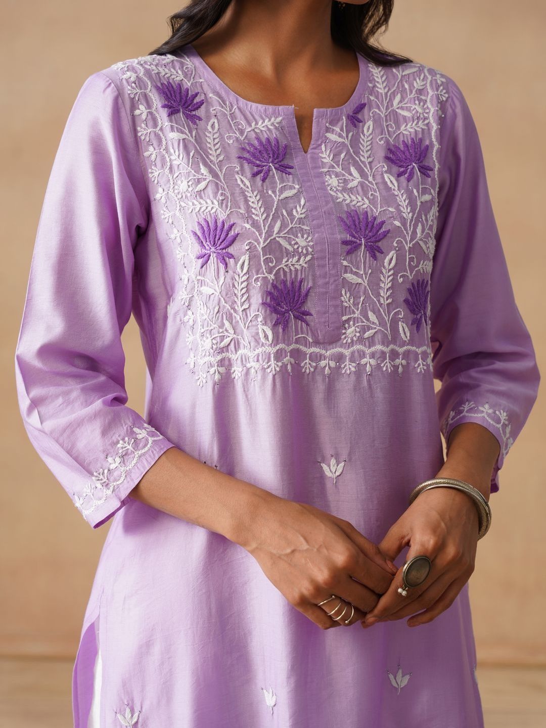 House of Chikankari Women Solid Lavender Cotton Kurta