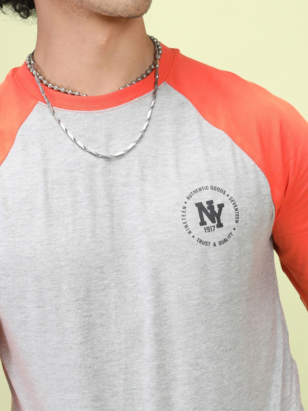 The Indian Garage Co Men Grey Melange  Orange Colourblocked Round Neck Pure Cotton T-shirt
