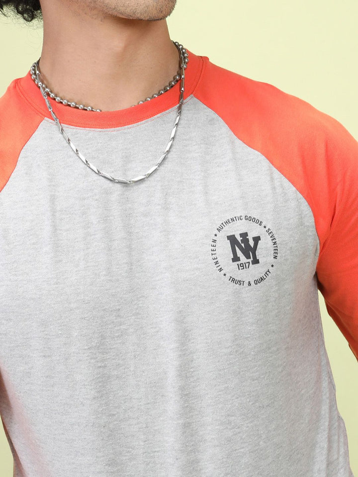 The Indian Garage Co Men Grey Melange  Orange Colourblocked Round Neck Pure Cotton T-shirt