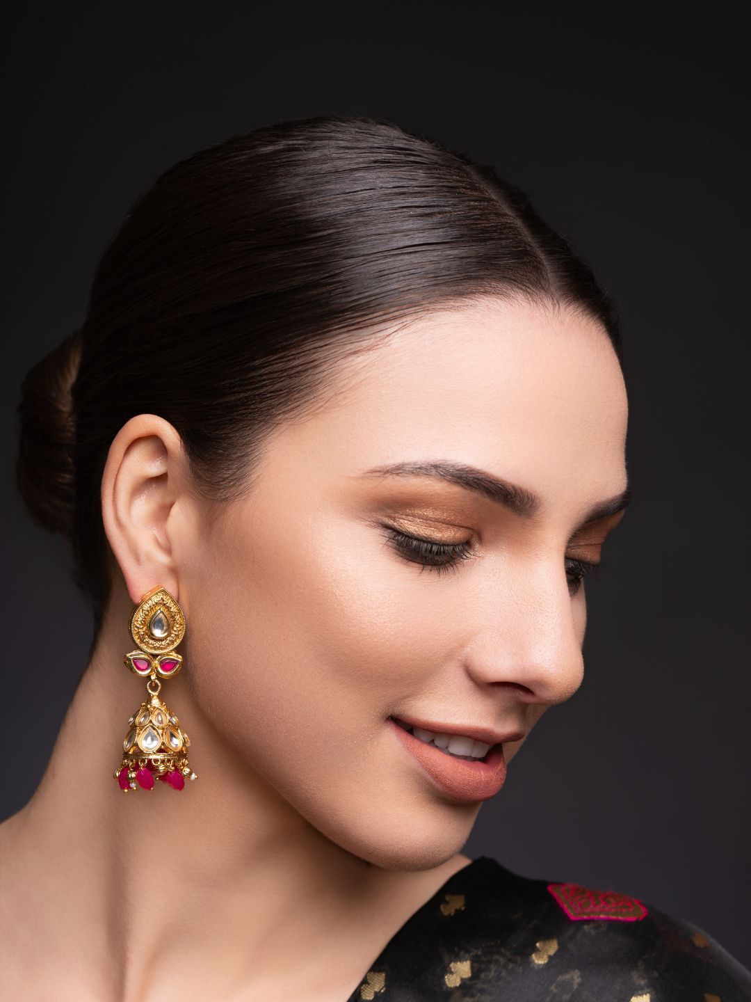 PANASH Gold-Plated Artificial Stones Studded And Beaded Contemporary Shaped Jhumkas