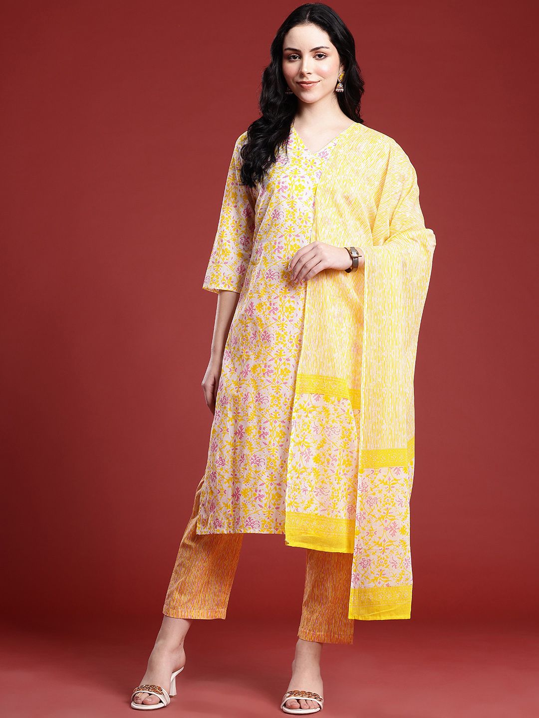 Anouk Floral Printed Pure Cotton Kurta with Trousers & Dupatta
