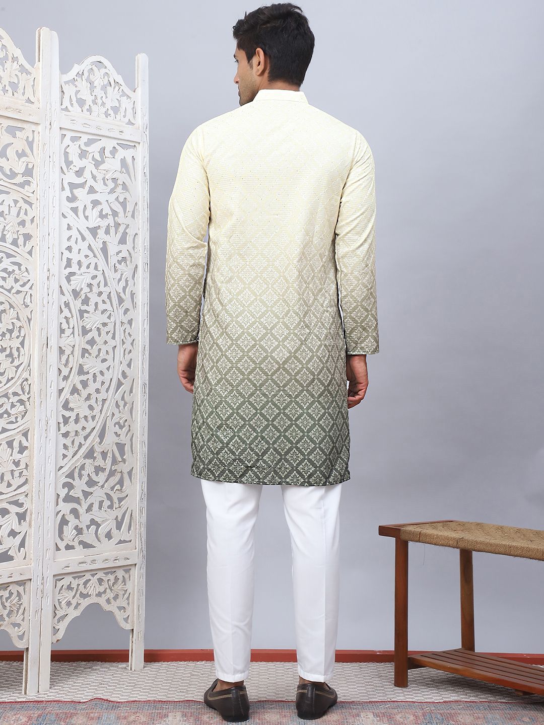 Jompers Ombre Printed Mandarin Collar Sequinned Straight Kurta With Pyjamas