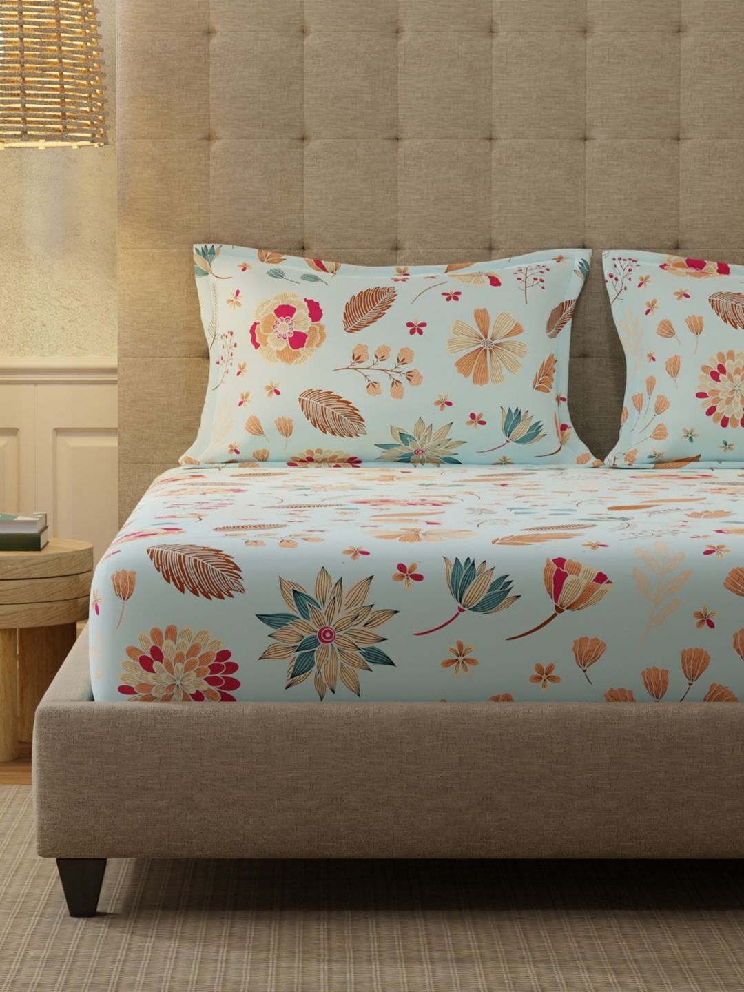 URBAN SPACE Florence Sky Blue 200 TC Floral King Fitted Bedsheet