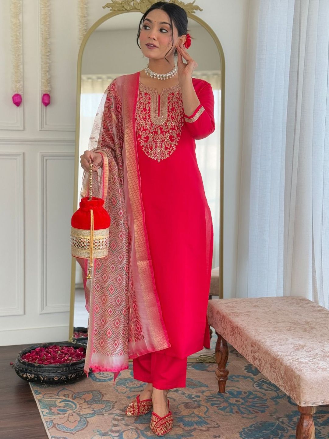 KALINI Women Floral Embroidered Regular Kurta with Trousers & With Dupatta