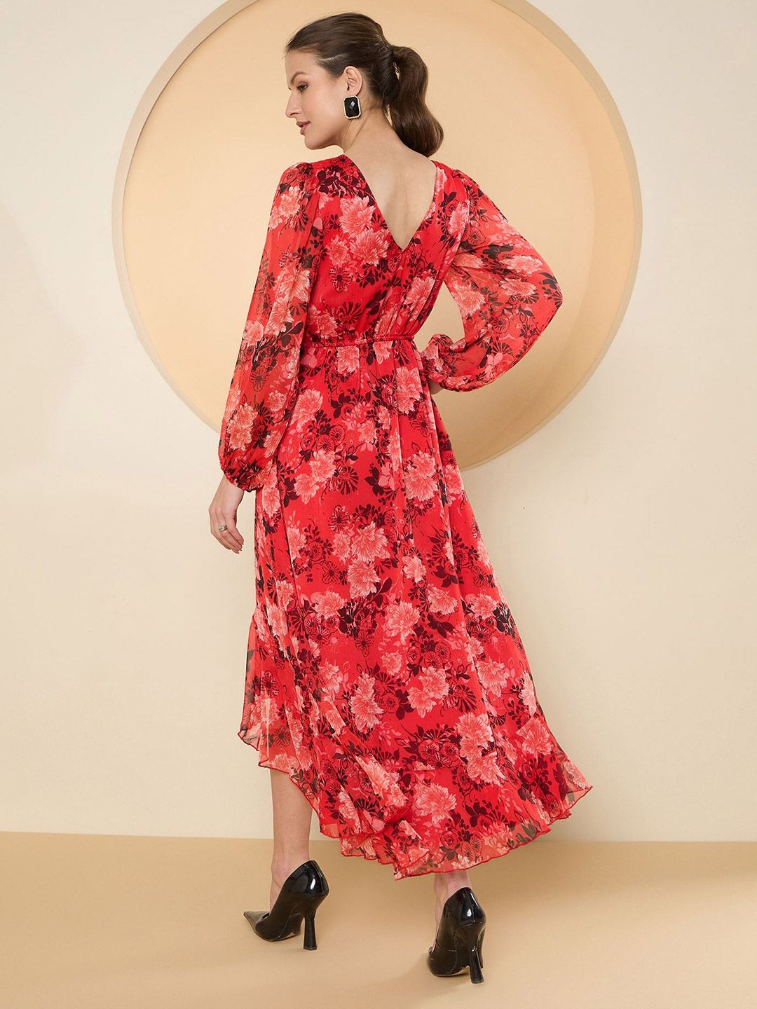 Antheaa Floral Print Flared Sleeve Chiffon A-Line Midi Dress