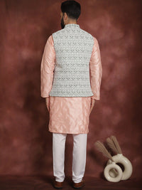 Motif Etnik Merah Jambu Anouk Bersulam Kurta Lurus Dengan Jaket Churidar & Nehru