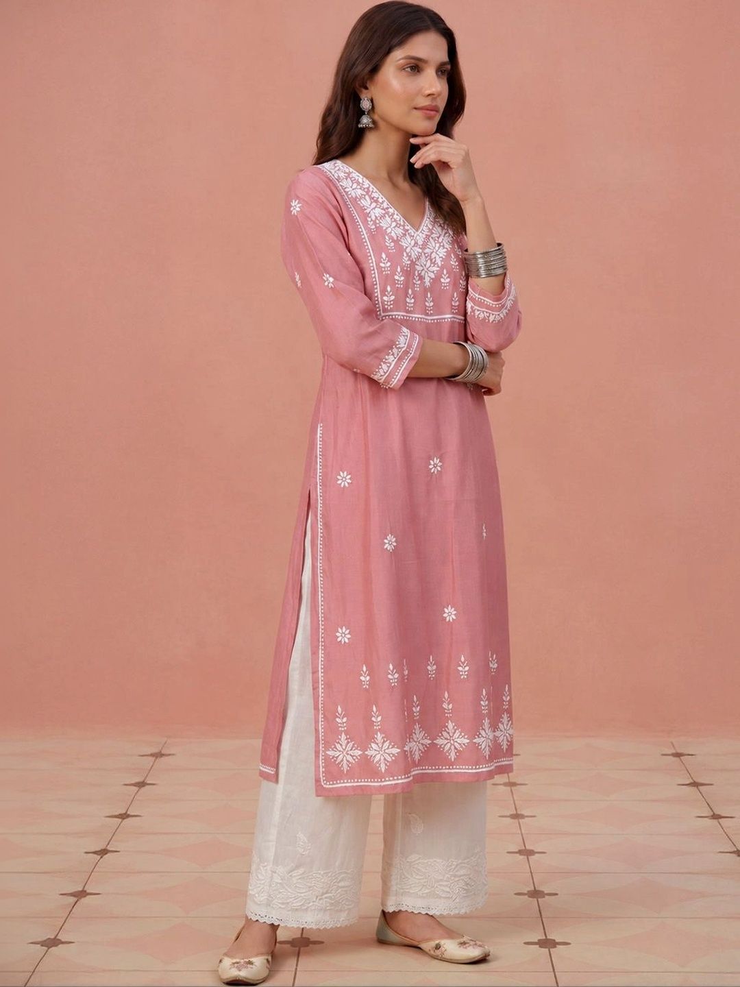 House of Chikankari Women Embroidered Chikankari Chanderi Silk Kurta